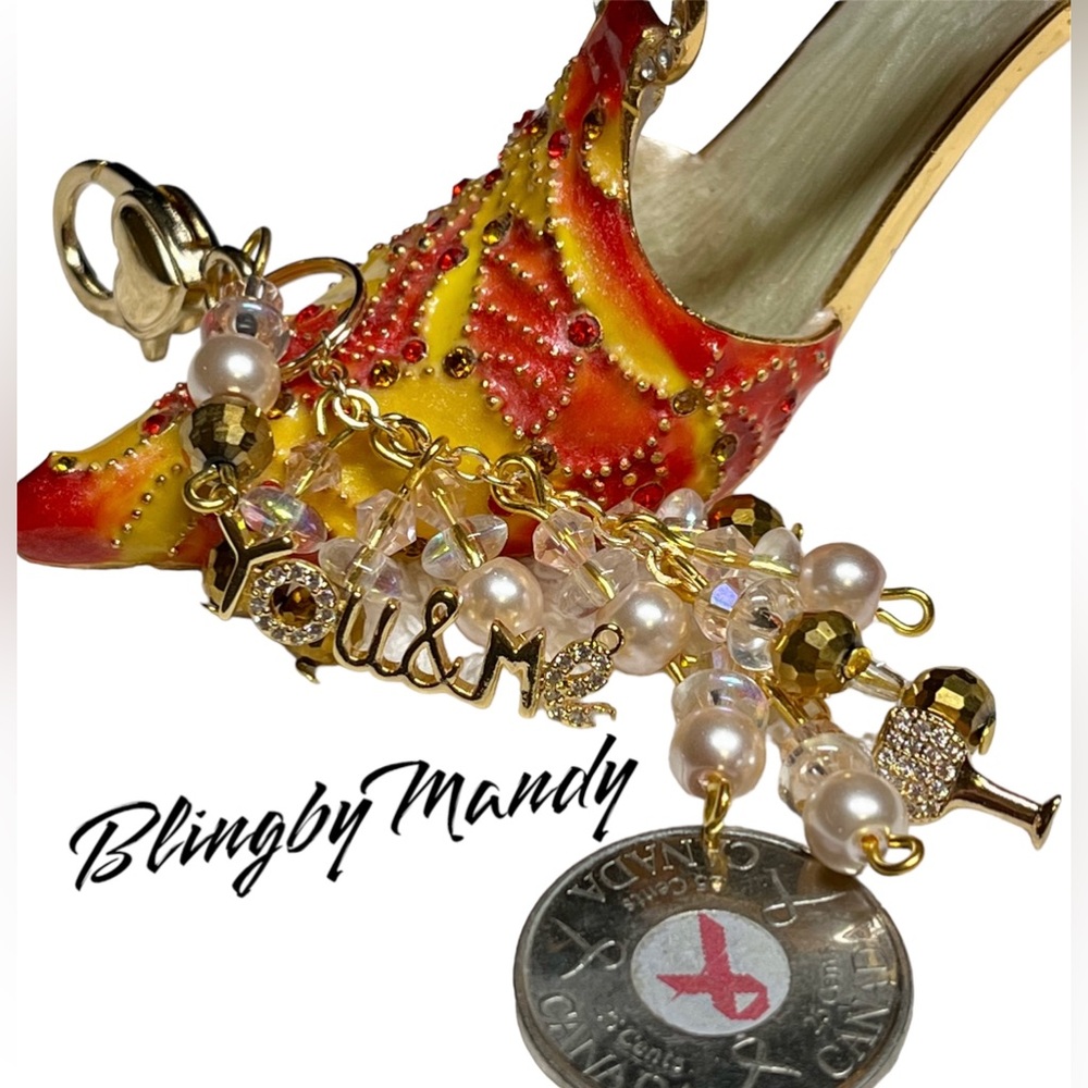 Purse bling keychain or laptop clip -gold and white pearl